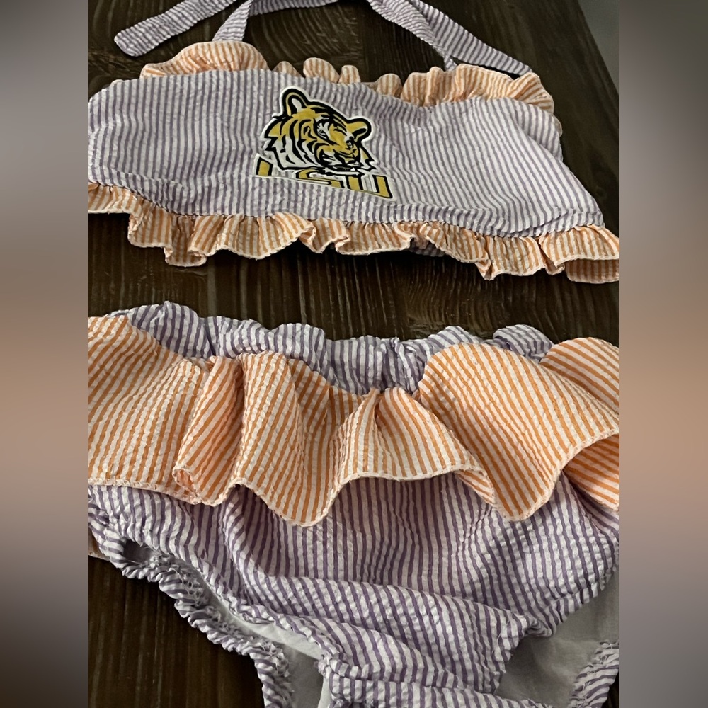 LSU Girls Two-Piece Seersucker Ruffle Swim Set in Purple Orange Mike Tiger 7/8 - Picture 4 of 11